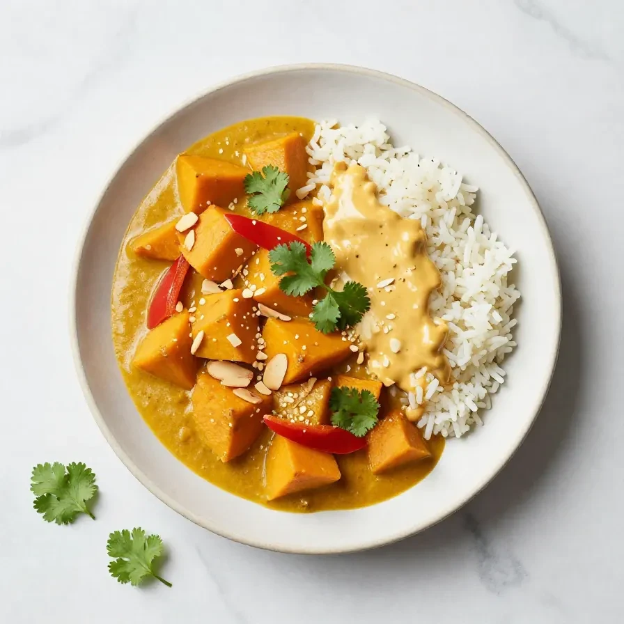 Ein cremiges Kürbis Curry mit frischem Koriander in einer Schüssel serviert.