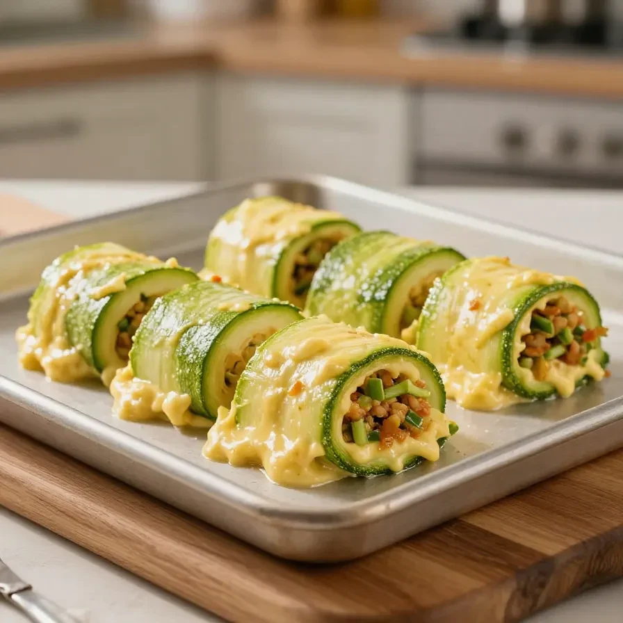 Gefüllte Zucchini Hackfleisch Rolle mit Cheddar 1 Gefüllte Zucchini Hackfleisch Rolle mit geschmolzenem Cheddar auf einem Teller serviert