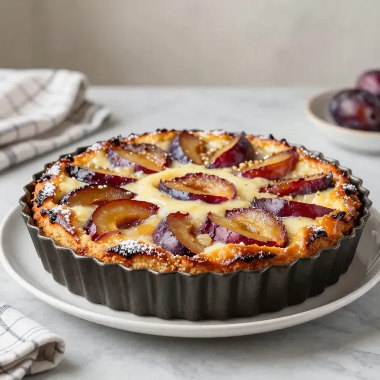 Ein saftiger Pflaumenkuchen mit cremigem Schmandguss auf einem Kuchenständer, angeschnitten und mit frischen Pflaumen belegt.