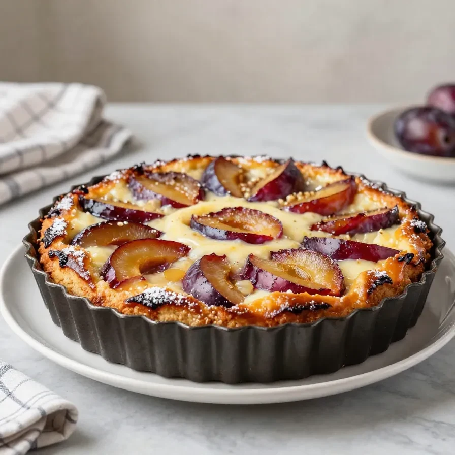 Ein saftiger Pflaumenkuchen mit cremigem Schmandguss auf einem Kuchenständer, angeschnitten und mit frischen Pflaumen belegt.
