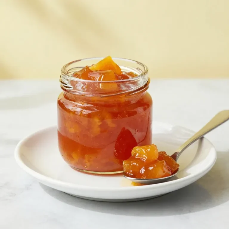 Glas mit scharfem Chutney aus Paprika und Mirabellen, verfeinert mit Chilischote, Rosmarin und Balsamico