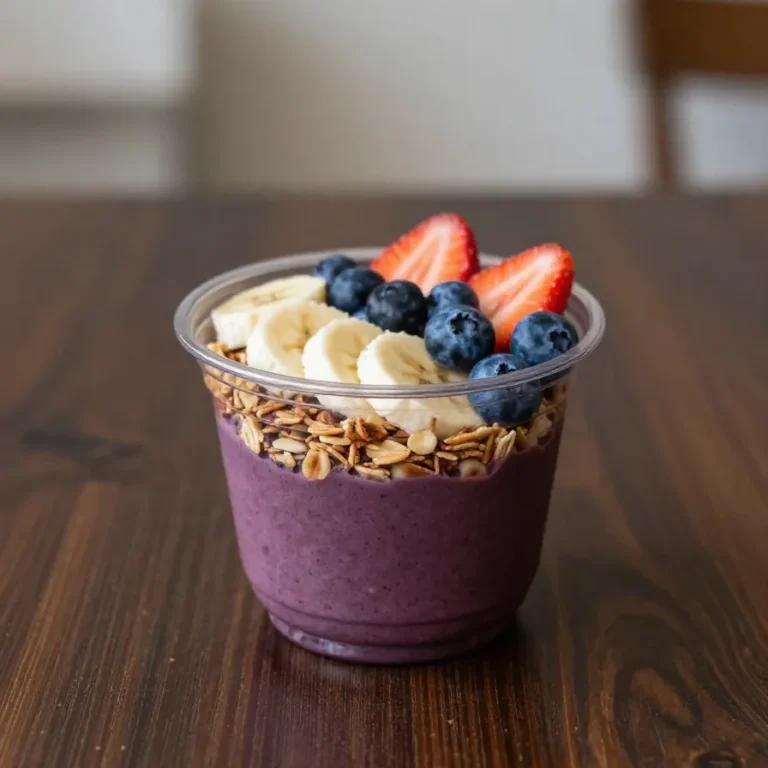 Açaí Bowl mit frischen Beeren, Banane, Granola und Chiasamen in einer Schale