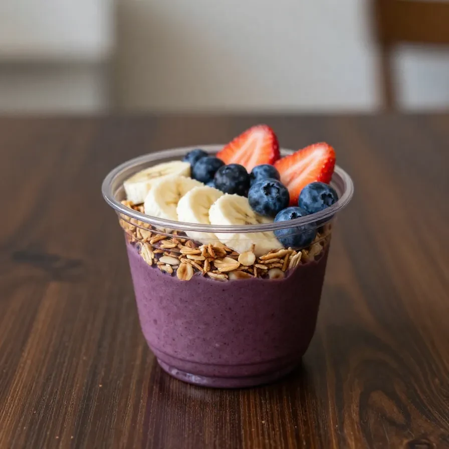Açaí Bowl 1 Açaí Bowl mit frischen Beeren, Banane, Granola und Chiasamen in einer Schale