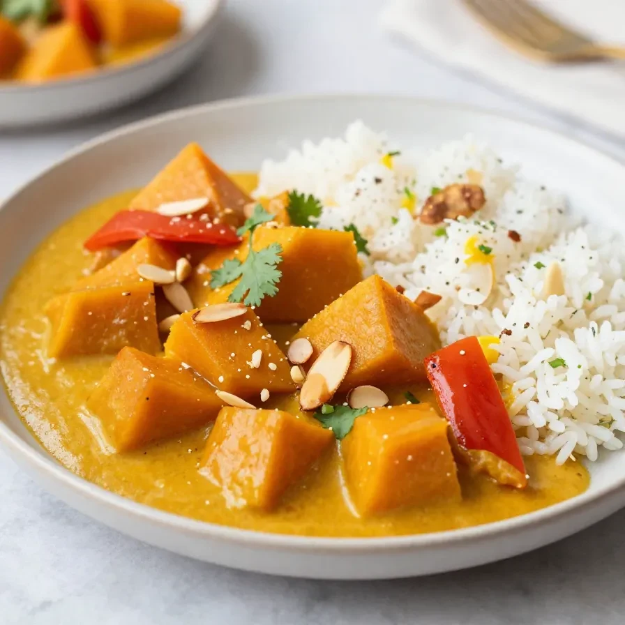 Ein cremiges Kürbis Curry mit frischem Koriander in einer Schüssel serviert.