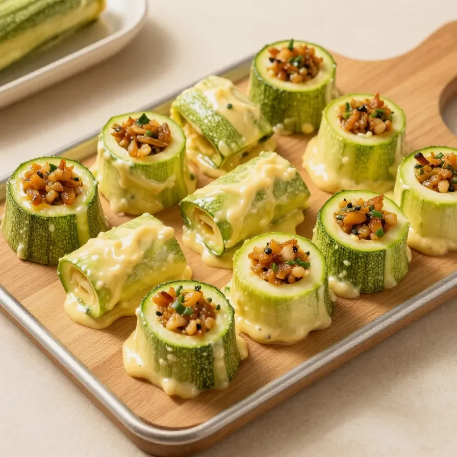 Gefüllte Zucchini Hackfleisch Rolle mit Cheddar 6 Gefüllte Zucchini Hackfleisch Rolle mit geschmolzenem Cheddar auf einem Teller serviert