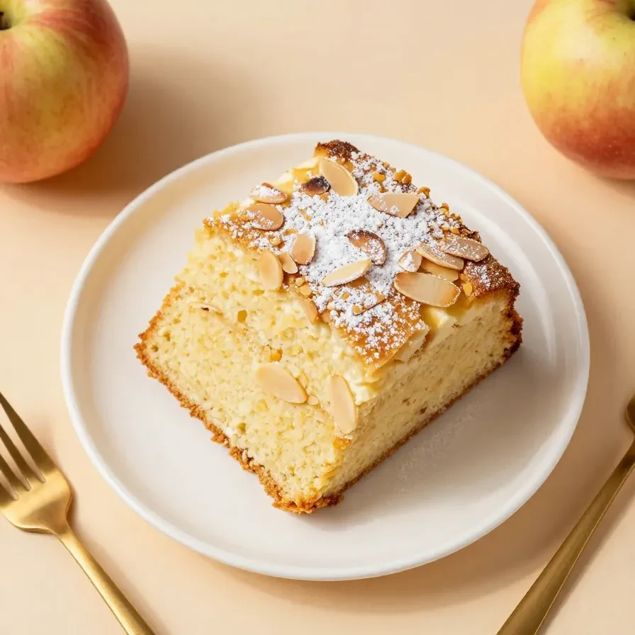 Ein super saftiger Apfelkuchen vom Blech mit goldbrauner Oberfläche und Apfelscheiben.