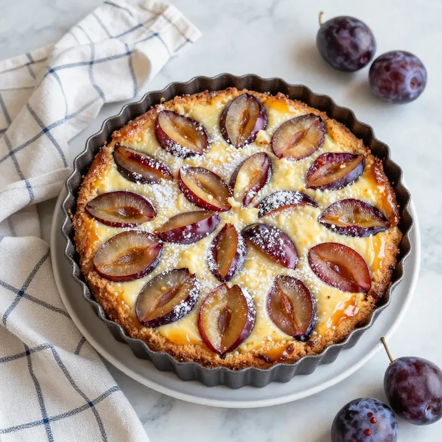 Ein saftiger Pflaumenkuchen mit cremigem Schmandguss auf einem Kuchenständer, angeschnitten und mit frischen Pflaumen belegt.