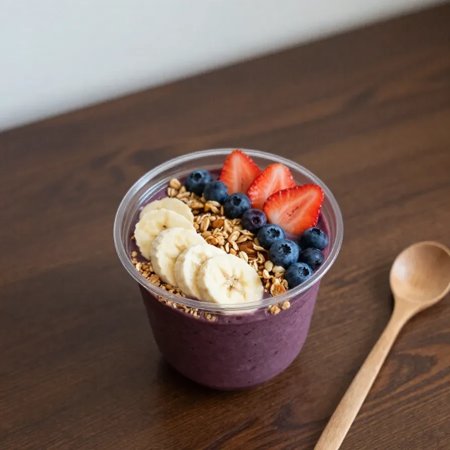 Açaí Bowl 6 Açaí Bowl mit frischen Beeren, Banane, Granola und Chiasamen in einer Schale
