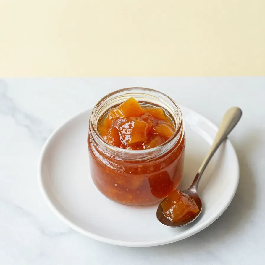 Glas mit scharfem Chutney aus Paprika und Mirabellen, verfeinert mit Chilischote, Rosmarin und Balsamico