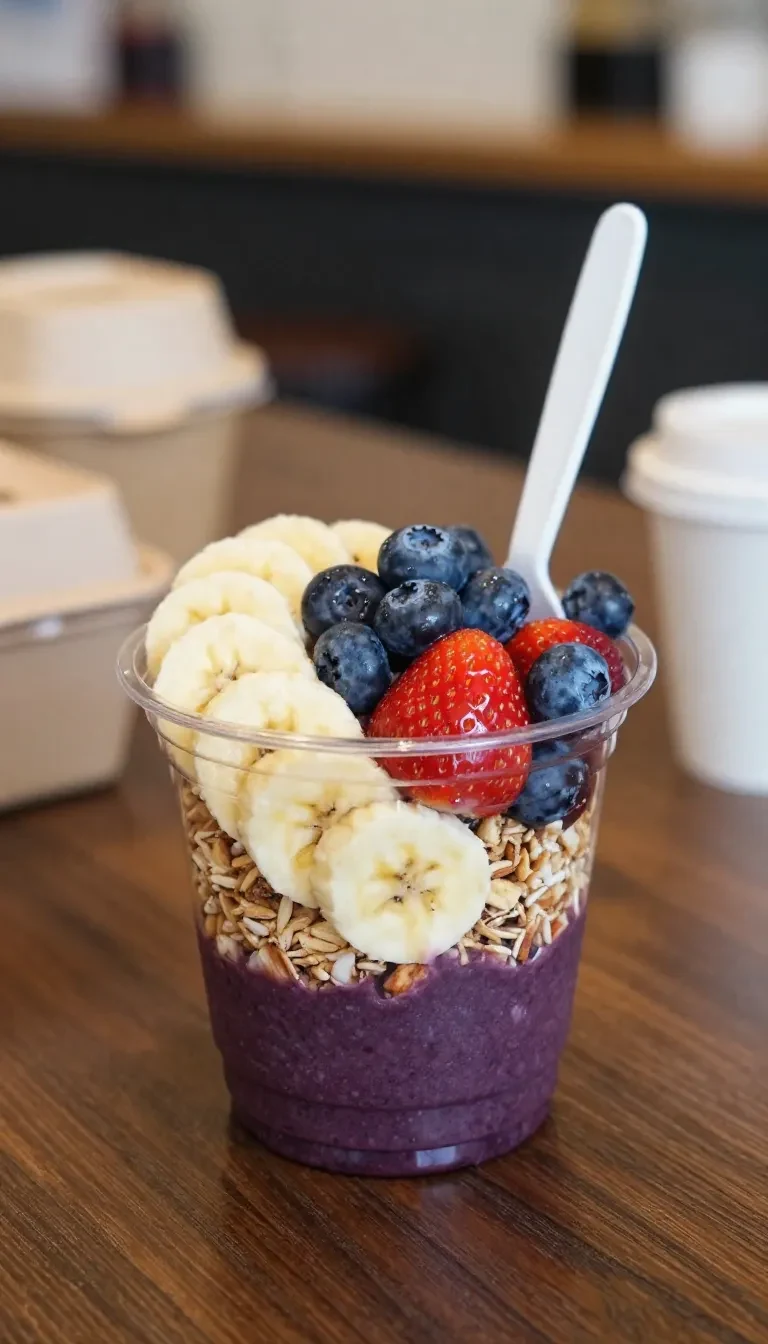 Açaí Bowl 10 Açaí Bowl mit frischen Beeren, Banane, Granola und Chiasamen in einer Schale