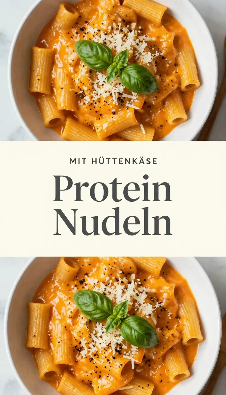Eine Schüssel Protein-Nudeln mit Hüttenkäse, frischen Kräutern und Gemüse auf einem hellen Tisch.