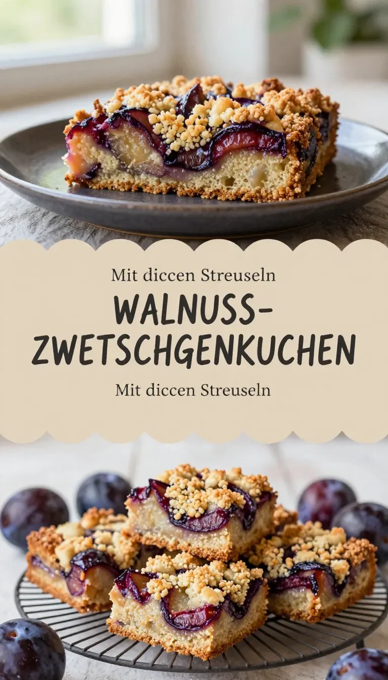 Ein saftiger Walnuss-Zwetschgenkuchen mit goldbraunen Zimt-Streuseln auf einem hellen Teller serviert.