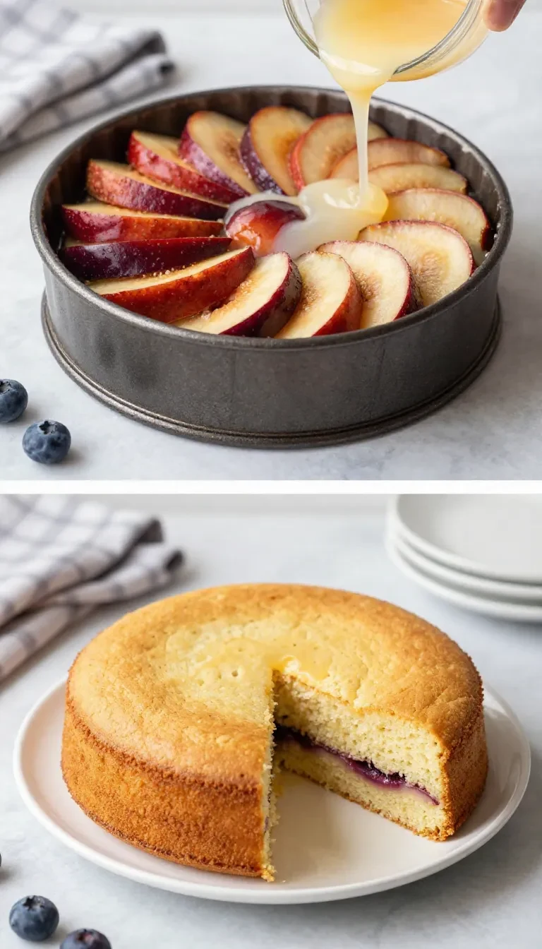 Ein saftiger Pflaumenkuchen mit cremigem Schmandguss auf einem Kuchenständer, angeschnitten und mit frischen Pflaumen belegt.