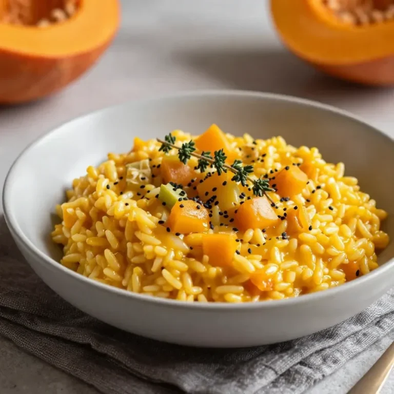 Cremiges Hokkaido-Kürbisrisotto in einer Schale, garniert mit frischer Petersilie und Parmesan.