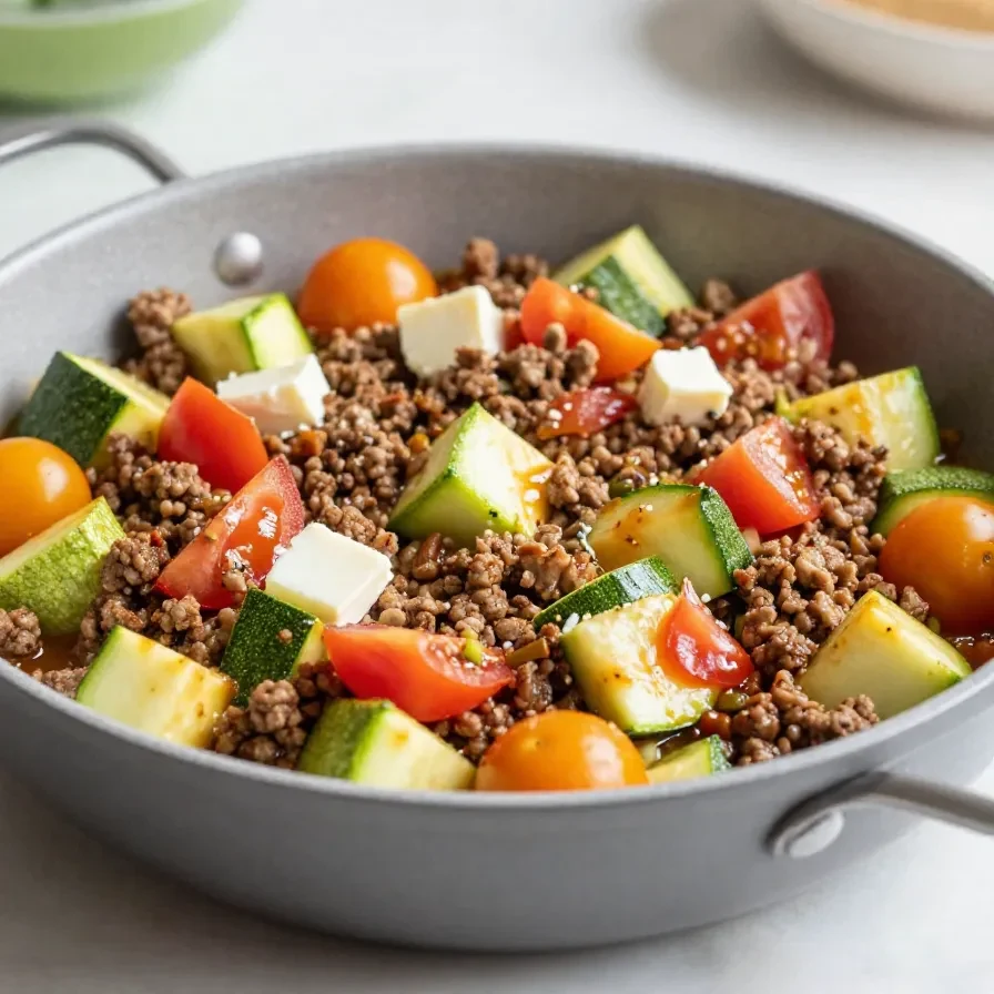 Eine pfanne mit Zucchini-Hackfleisch-Gemüse, frisch angerichtet und mit Kräutern bestreut