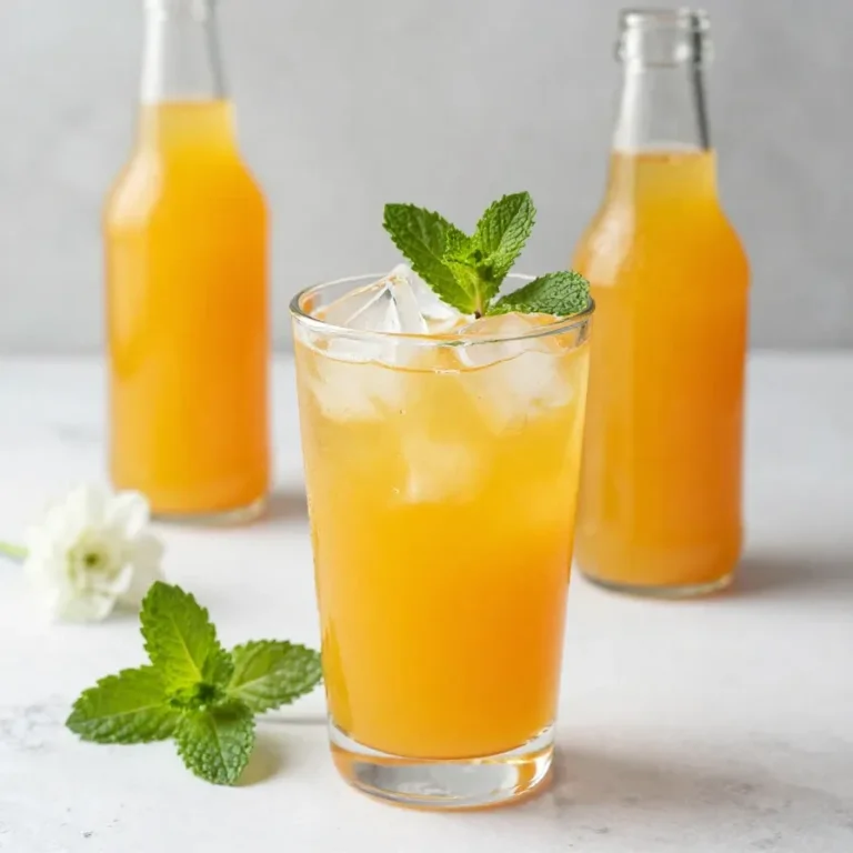 Glasflasche mit goldgelbem Mirabellensirup neben frischen Mirabellen auf einem hellen Holztisch