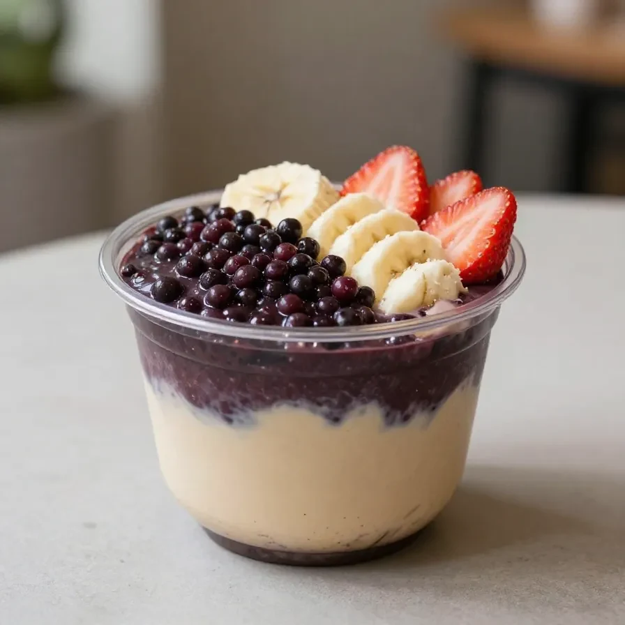 Açai Bowl mit frischen Beeren, Banane und Granola in einer Schale von Oak Berry serviert
