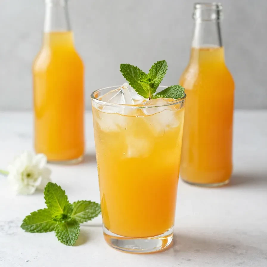 Glasflasche mit goldgelbem Mirabellensirup neben frischen Mirabellen auf einem hellen Holztisch