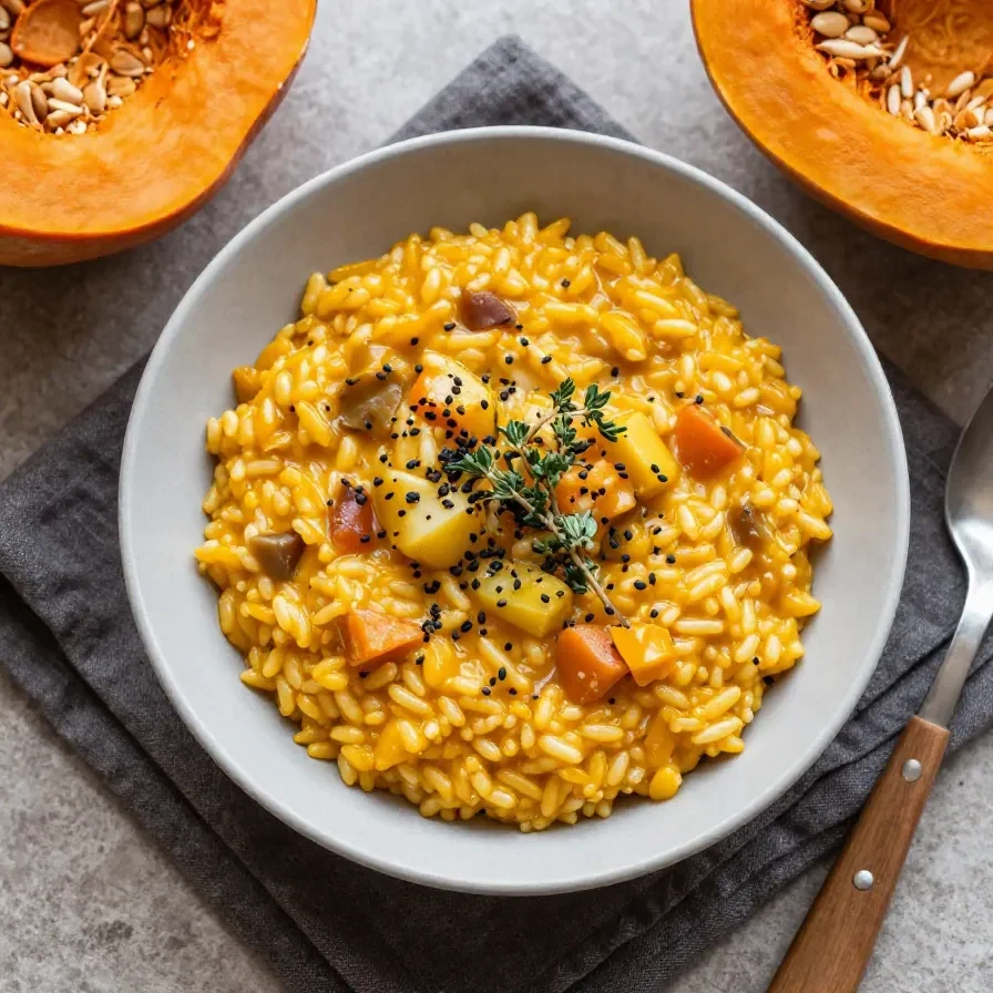 Cremiges Hokkaido-Kürbisrisotto in einer Schale, garniert mit frischer Petersilie und Parmesan.