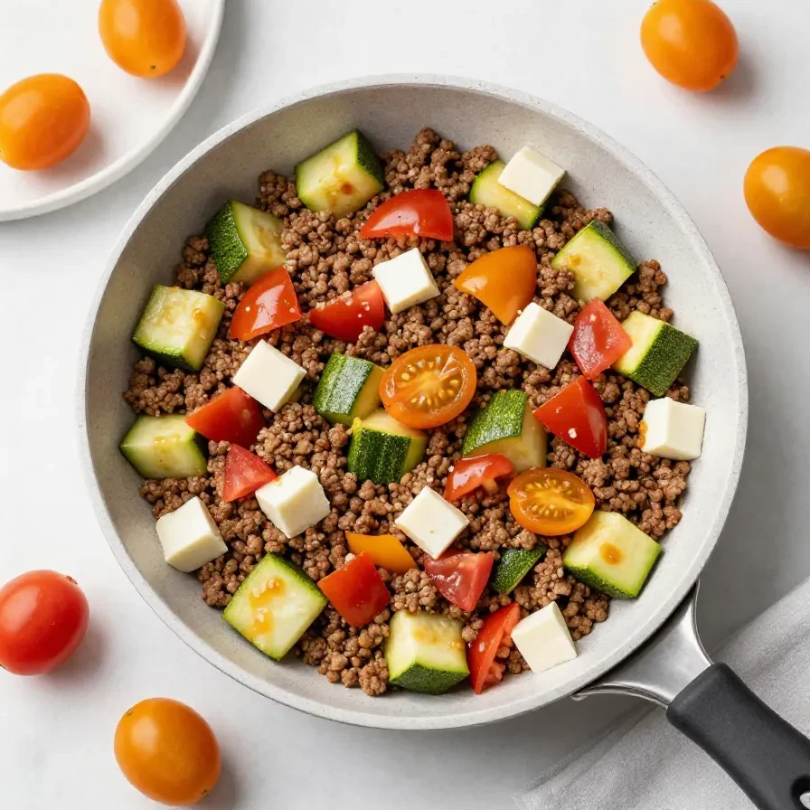 Eine pfanne mit Zucchini-Hackfleisch-Gemüse, frisch angerichtet und mit Kräutern bestreut