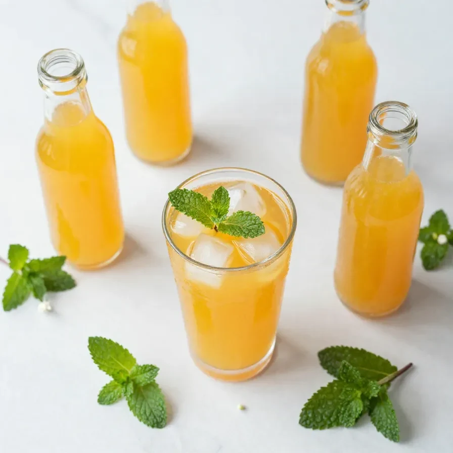 Glasflasche mit goldgelbem Mirabellensirup neben frischen Mirabellen auf einem hellen Holztisch