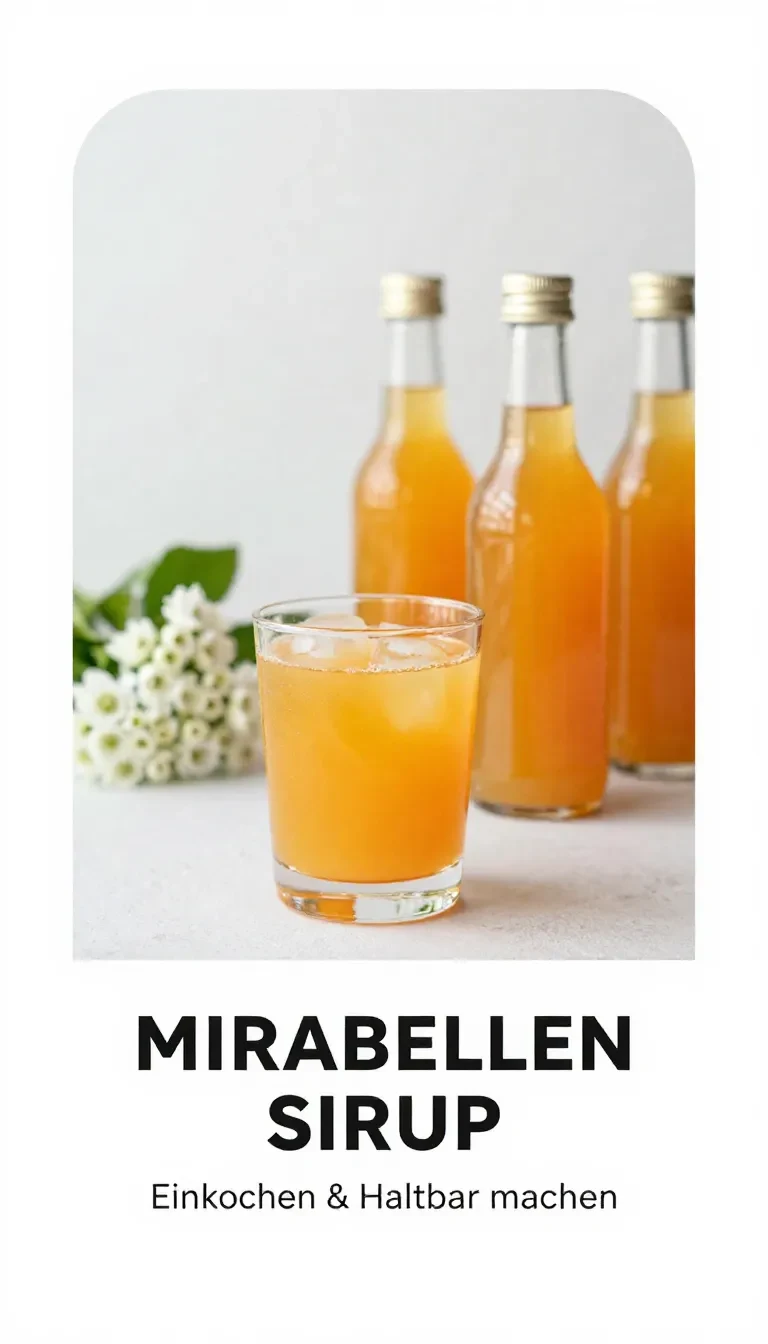 Glasflasche mit goldgelbem Mirabellensirup neben frischen Mirabellen auf einem hellen Holztisch