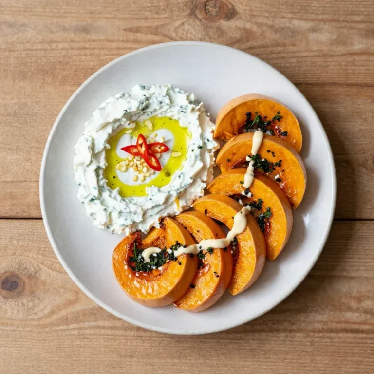 Geröstete Butternut-Spalten mit cremigem veganem Feta-Dip auf einem hellen Teller