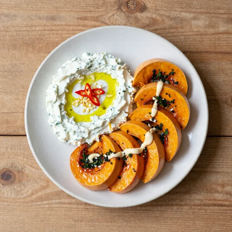 Geröstete Butternut-Spalten mit cremigem veganem Feta-Dip auf einem hellen Teller