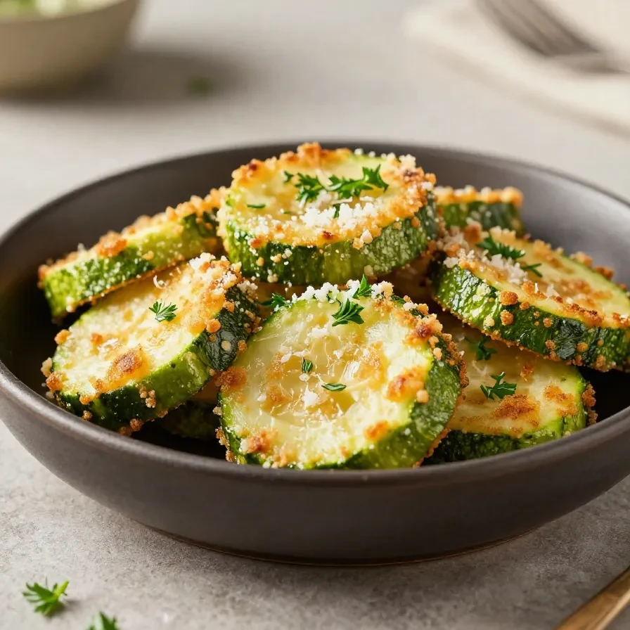 Knusprige Air-Fryer-Zucchini in einer Schale, leicht gebräunt und mit frischen Kräutern bestreut