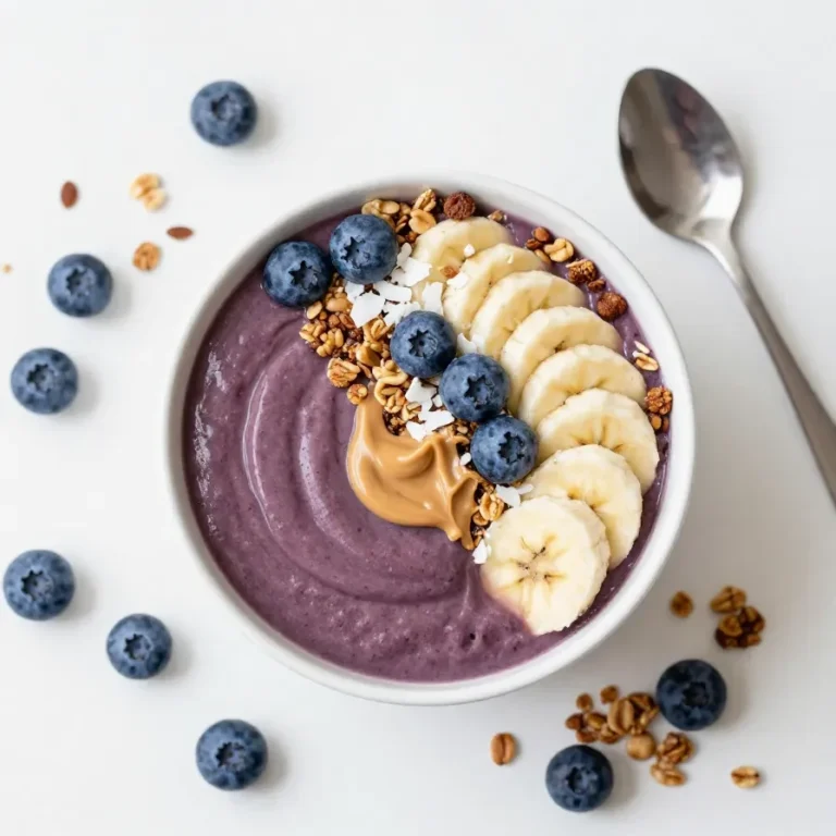 Eine gesunde Acai-Bowl mit Beeren, Banane, Granola und Kokosraspeln in einer hellen Schale.