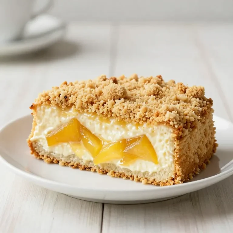 Ein Stück Mirabellenkuchen mit Pudding und Mandel-Streusel auf einem Teller