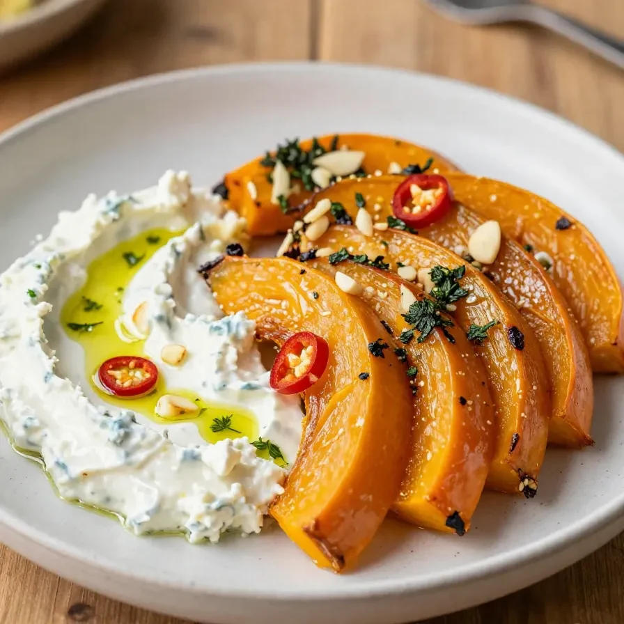 Geröstete Butternut-Spalten mit cremigem veganem Feta-Dip auf einem hellen Teller