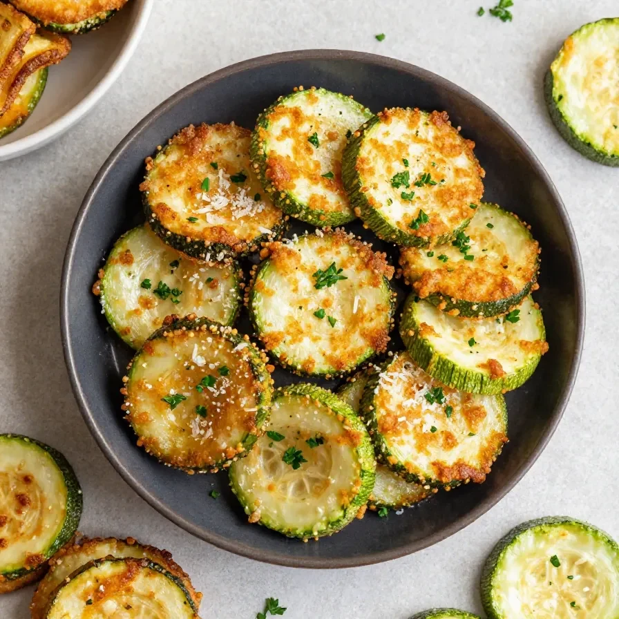 Knusprige Air-Fryer-Zucchini in einer Schale, leicht gebräunt und mit frischen Kräutern bestreut