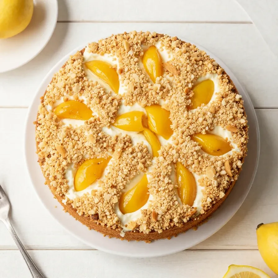 Ein Stück Mirabellenkuchen mit Pudding und Mandel-Streusel auf einem Teller