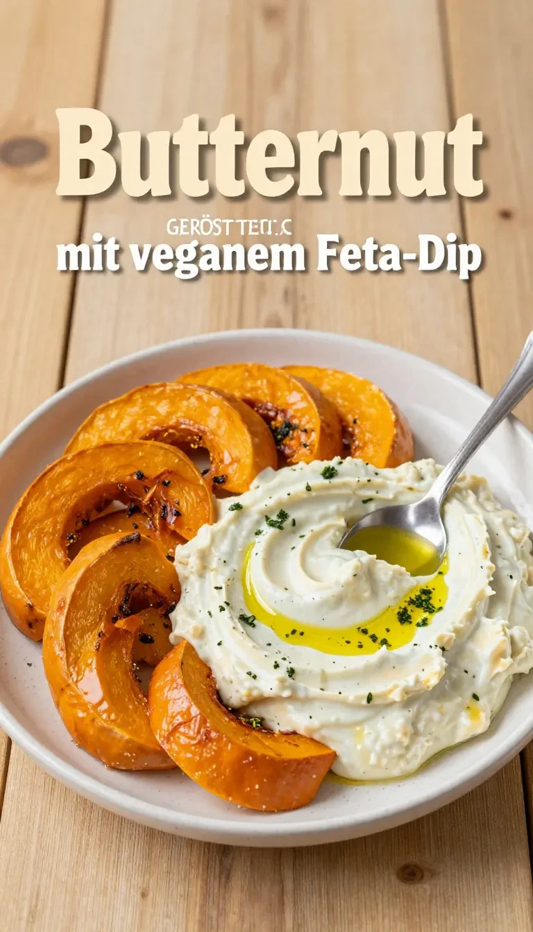 Geröstete Butternut-Spalten mit cremigem veganem Feta-Dip auf einem hellen Teller