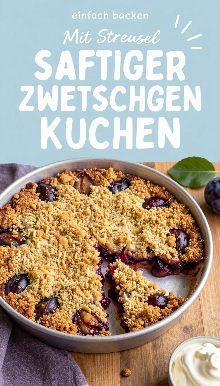 Ein frischer Zwetschgenkuchen mit goldbraunen Streuseln auf einem Backblech