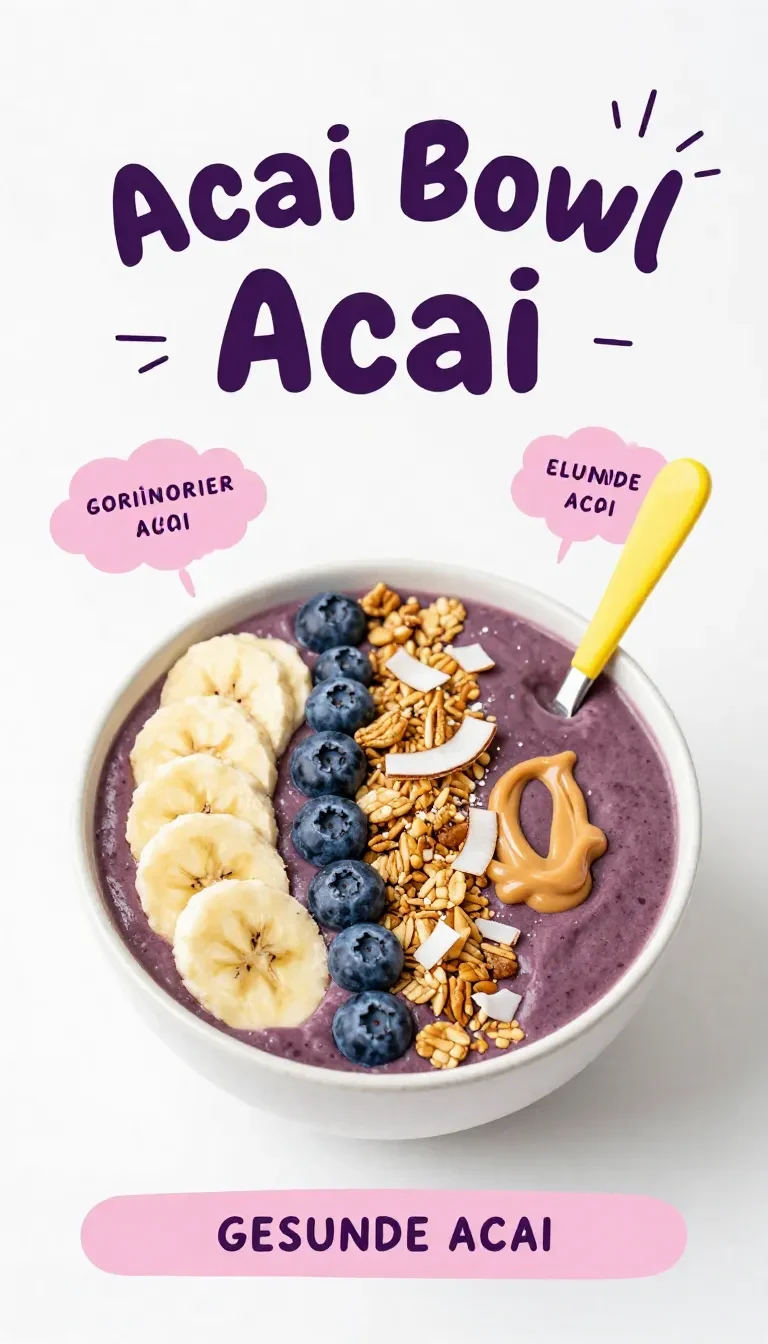 gesunde-acai-bowl mit banane 9 Eine gesunde Acai-Bowl mit Beeren, Banane, Granola und Kokosraspeln in einer hellen Schale.