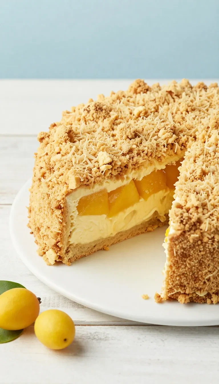 Ein Stück Mirabellenkuchen mit Pudding und Mandel-Streusel auf einem Teller