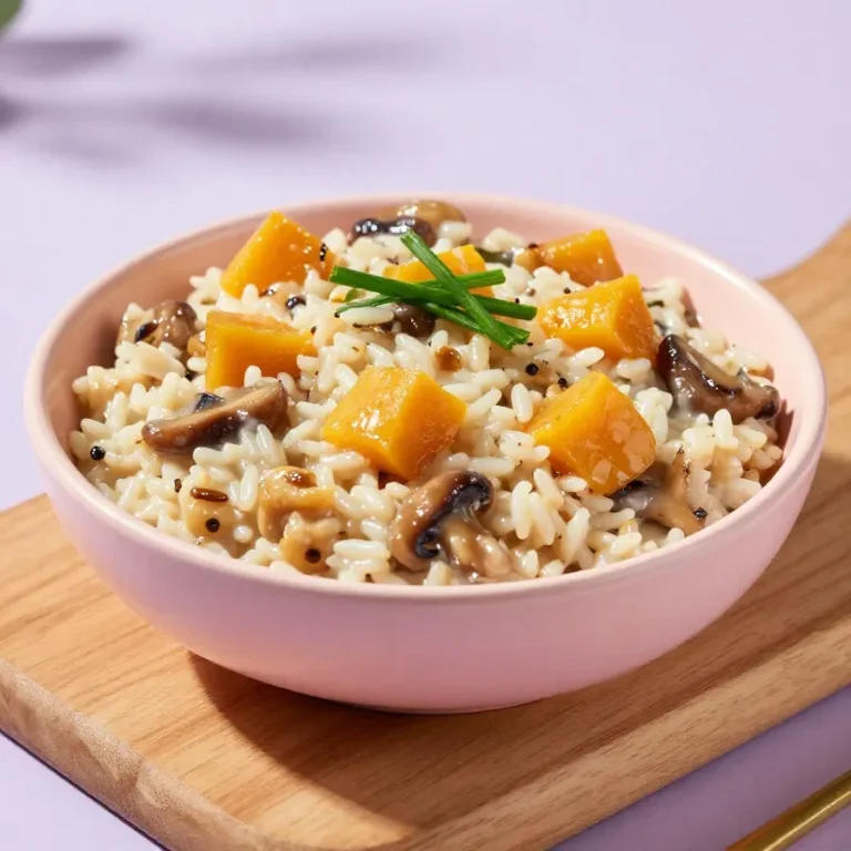 Cremiges Low Carb Kürbis Risotto in einer Schüssel mit gerösteten Kürbisstücken und frischen Kräutern.