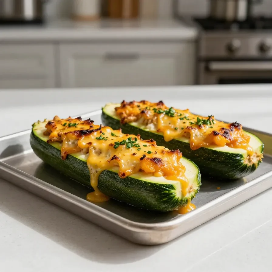 Ofenfrische gefüllte Zucchini mit vegetarischer Füllung, goldbraun überbacken und auf einem Teller serviert.