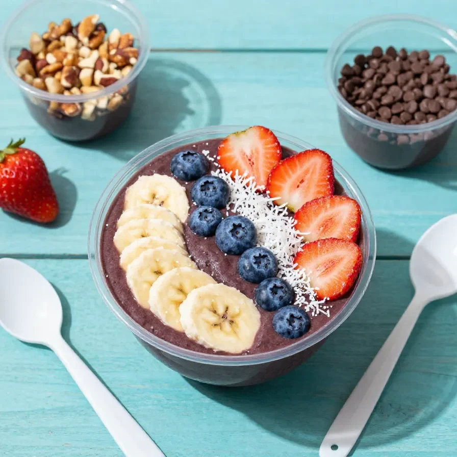 Sommerliche Acai Bowls 1 Sommerliche Acai Bowl in einer Schüssel mit frischen Beeren, Bananenscheiben, Granola und Kokosraspeln auf hellem Tisch.