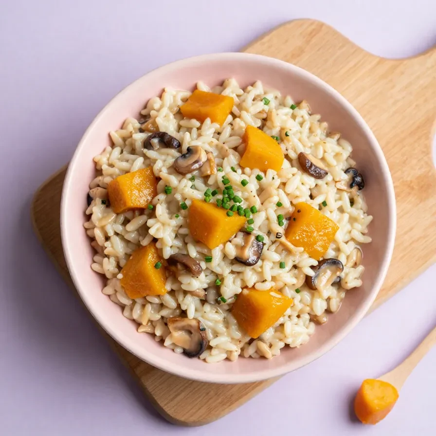Cremiges Low Carb Kürbis Risotto in einer Schüssel mit gerösteten Kürbisstücken und frischen Kräutern.