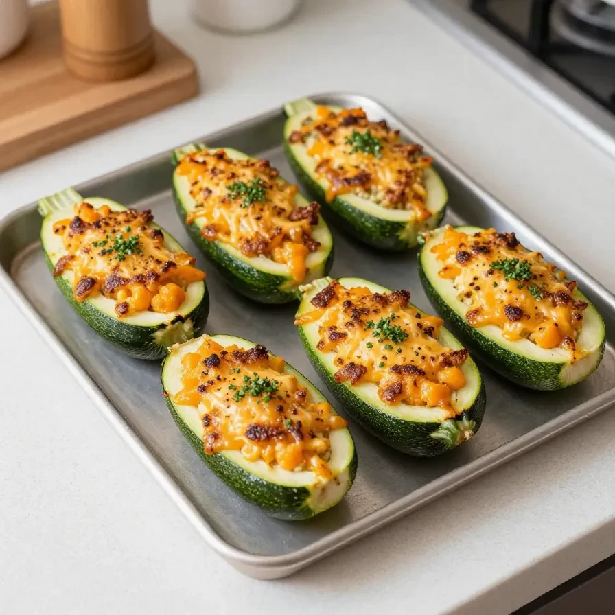 Ofenfrische gefüllte Zucchini mit vegetarischer Füllung, goldbraun überbacken und auf einem Teller serviert.