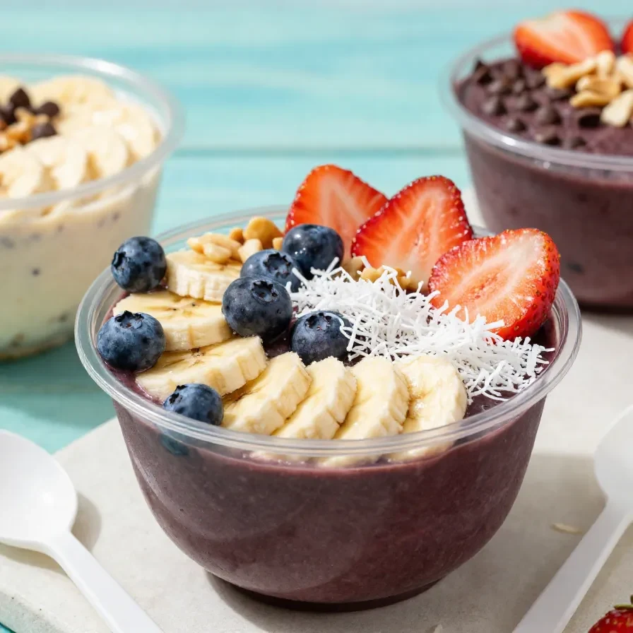 Sommerliche Acai Bowls 6 Sommerliche Acai Bowl in einer Schüssel mit frischen Beeren, Bananenscheiben, Granola und Kokosraspeln auf hellem Tisch.