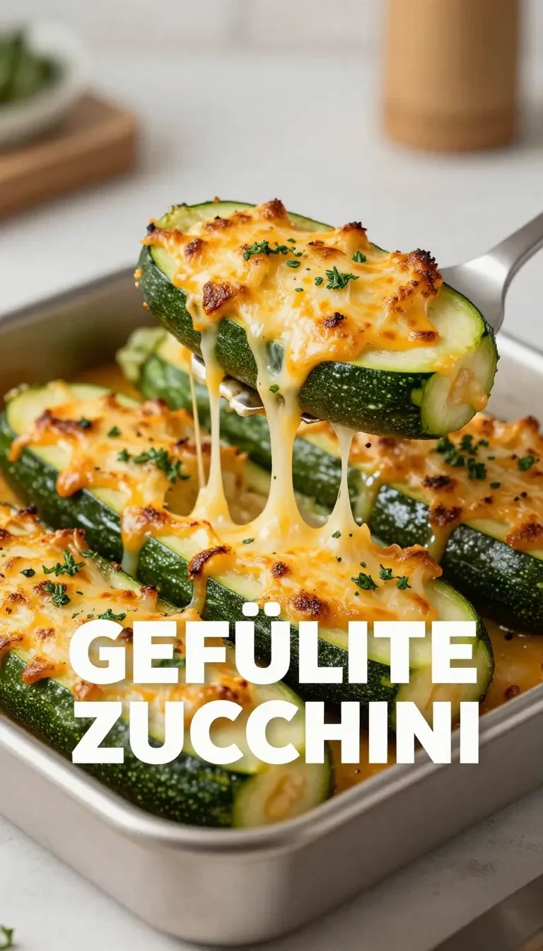 Ofenfrische gefüllte Zucchini mit vegetarischer Füllung, goldbraun überbacken und auf einem Teller serviert.