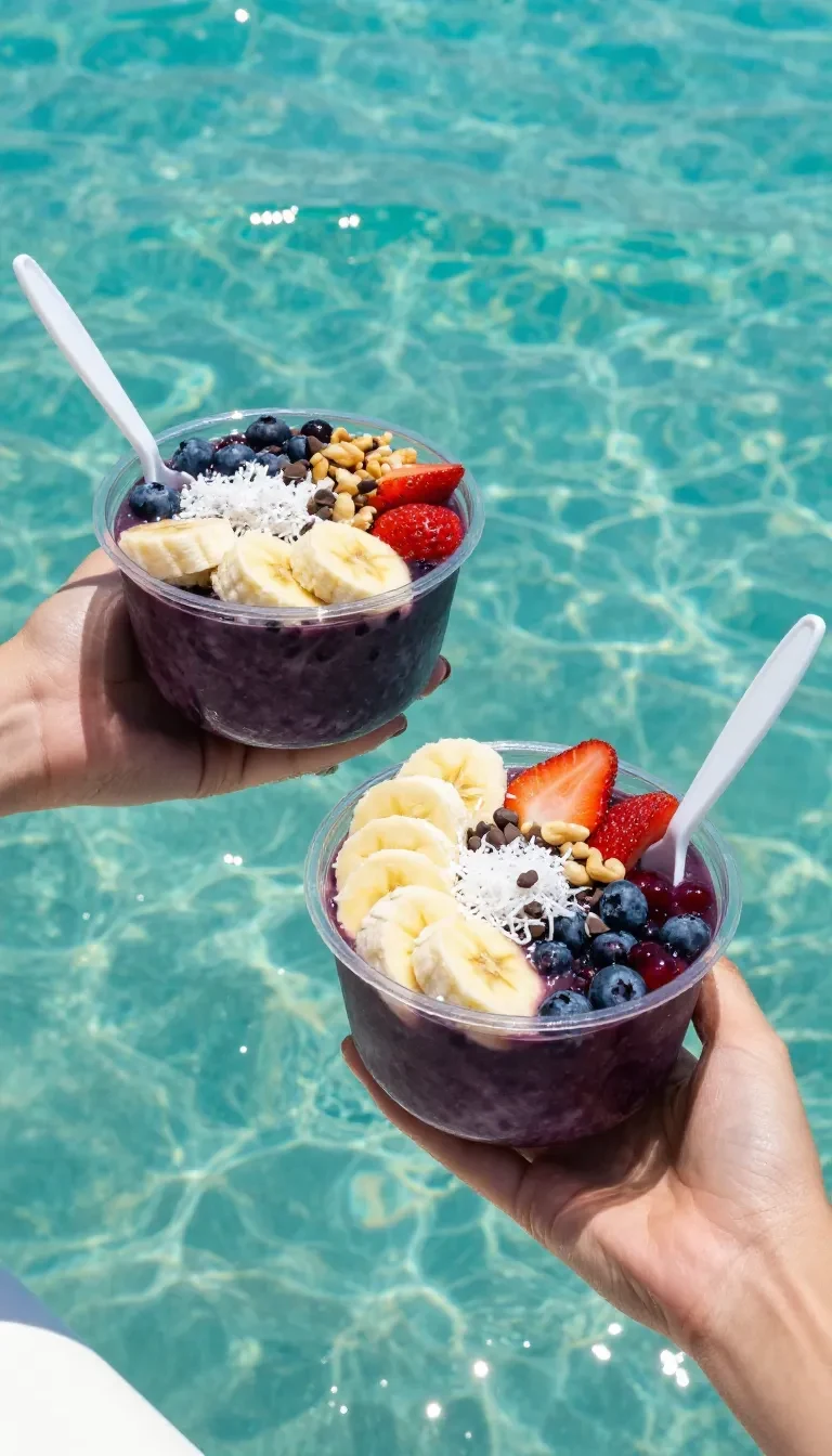 Sommerliche Acai Bowls 10 Sommerliche Acai Bowl in einer Schüssel mit frischen Beeren, Bananenscheiben, Granola und Kokosraspeln auf hellem Tisch.