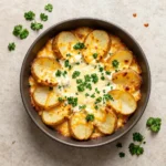 Ein goldbraun gebackener Kürbis-Tariflette-Kartoffelauflauf in einer Keramikform, serviert mit geschmolzenem Käse und frischen Kräutern.