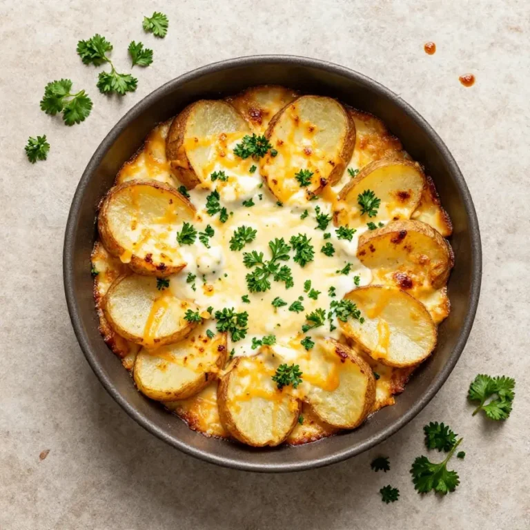 Ein goldbraun gebackener Kürbis-Tariflette-Kartoffelauflauf in einer Keramikform, serviert mit geschmolzenem Käse und frischen Kräutern.