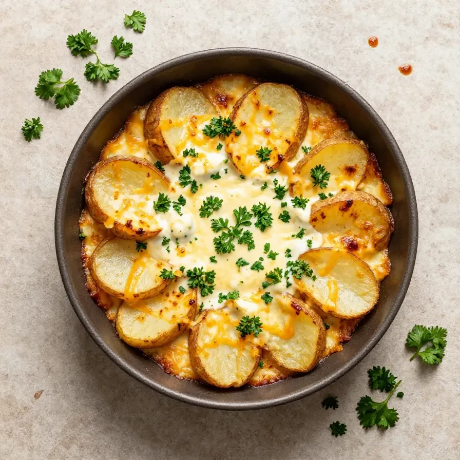 Ein goldbraun gebackener Kürbis-Tariflette-Kartoffelauflauf in einer Keramikform, serviert mit geschmolzenem Käse und frischen Kräutern.