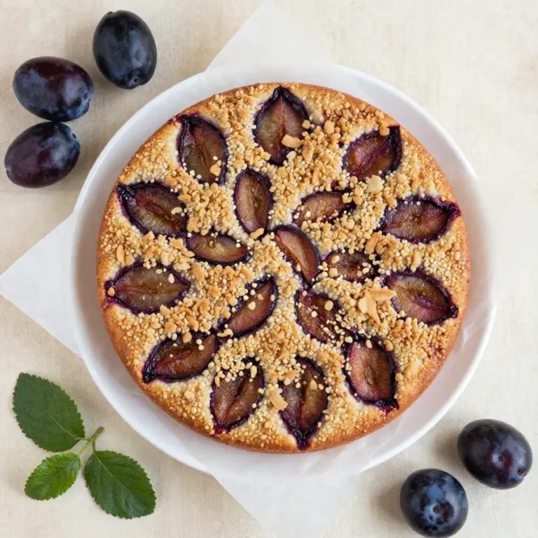Ein frisch gebackener Zwetschgenkuchen mit Rührteig und goldbraunen Streuseln auf einem Backblech
